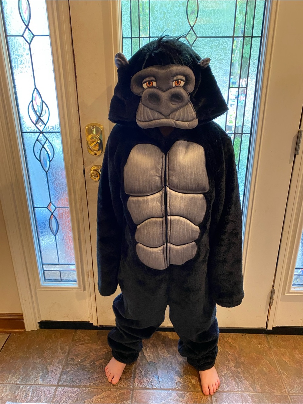 Kids Black Gorilla Costume with Muscled Chest - Plush Hooded One-Piece size medi